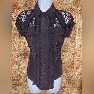 Vintage Bebe Silk Button Up Blouse w/Sheer Lace  Burlesque Retro Pinup Goth XS